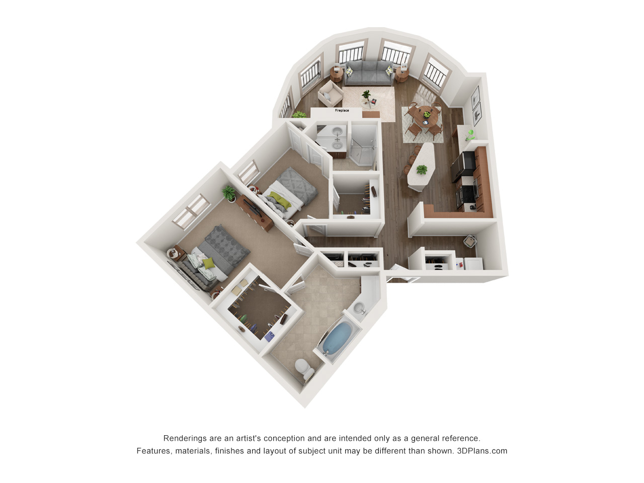 Floor plan for 2 beds, 2 baths, 1309 sqft